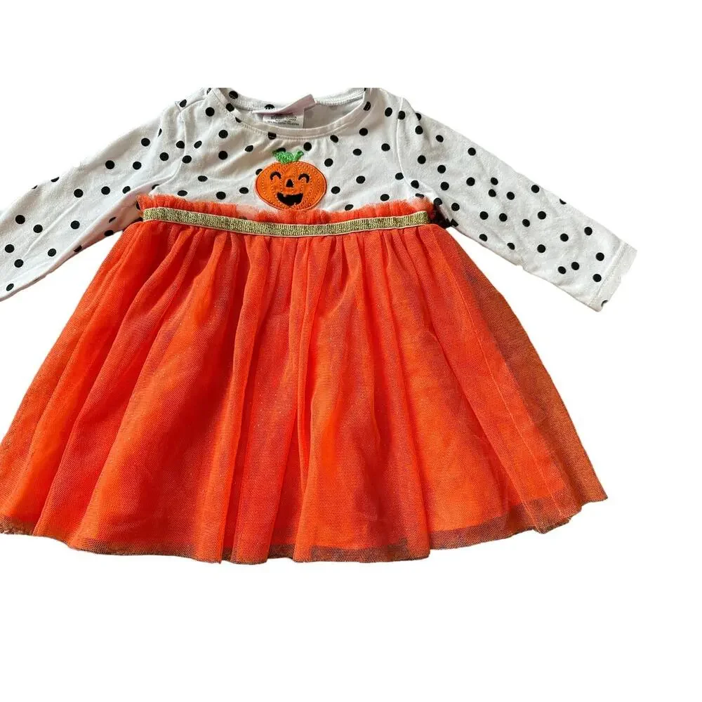 Bonnie Baby Girls 3-6M Orange Black White Halloween Themed Long Sleeve Dress